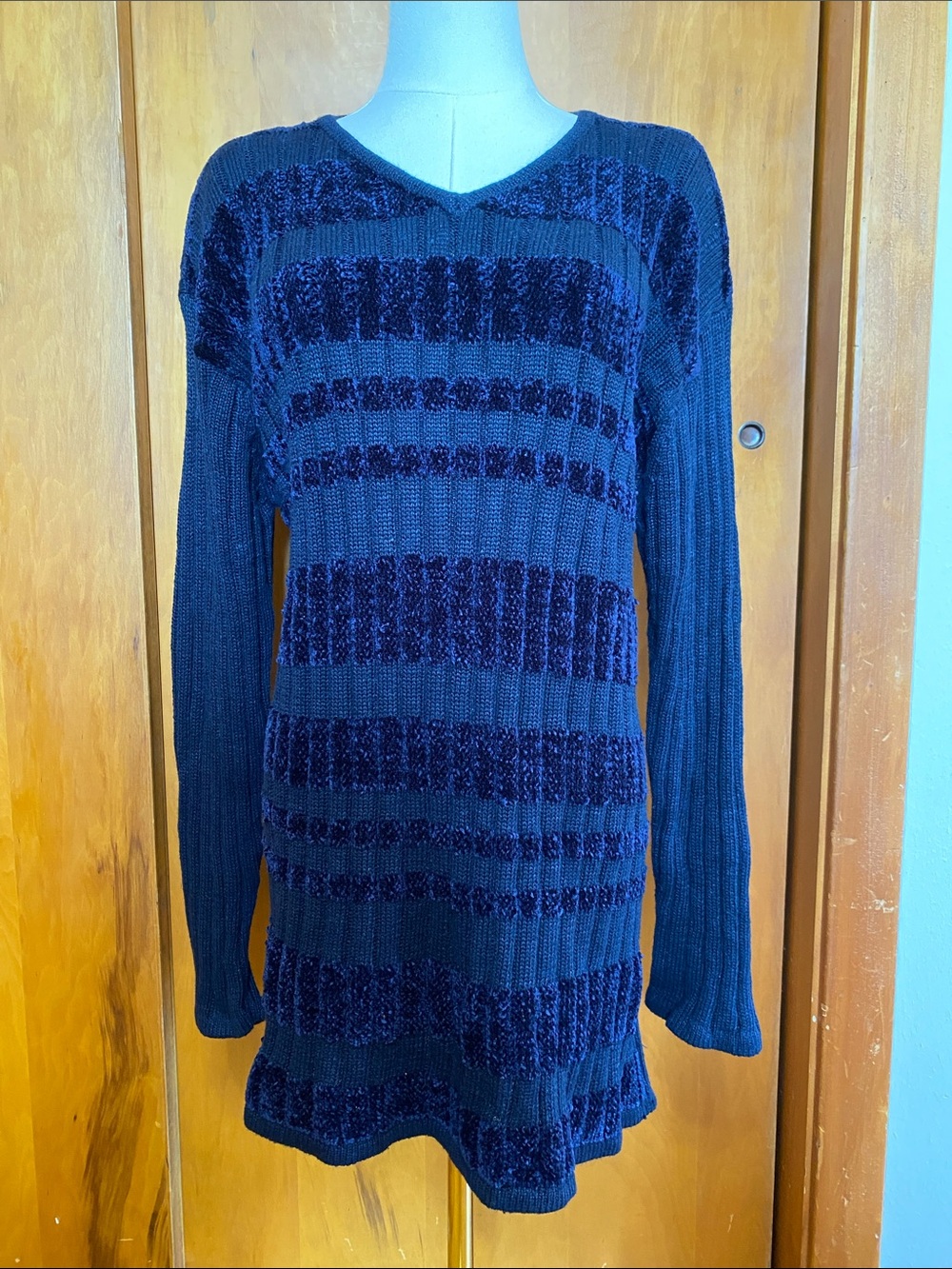 NWT Navy Blue V-Neck Chenille Stripes Sweater Tunic Sweater Ramie Cotton Fall